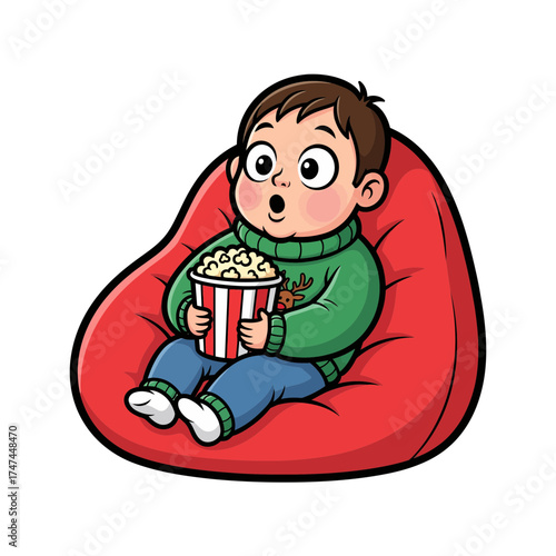 Cartoon boy watching a movie in a beanbag chair with popcorn on white background