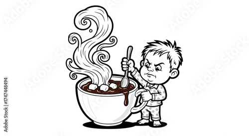 Angry boy cartoon character aggressively stirring a giant mug of hot chocolate with steam