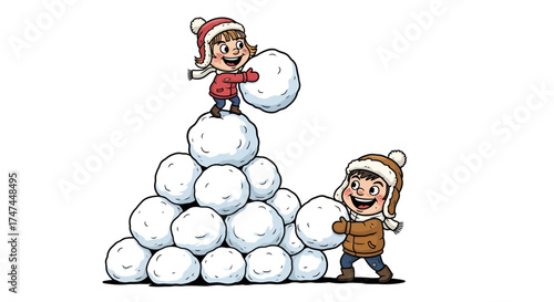 Happy children building a towering stack of snowballs, enjoying winter playtime outdoors in a fun, illustrative style