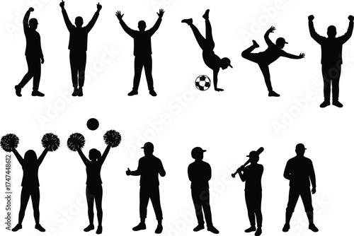 Sports silhouettes of boys and girls, athletes cheering, soccer, baseball, cheerleading, dance and celebration poses, vector illustration