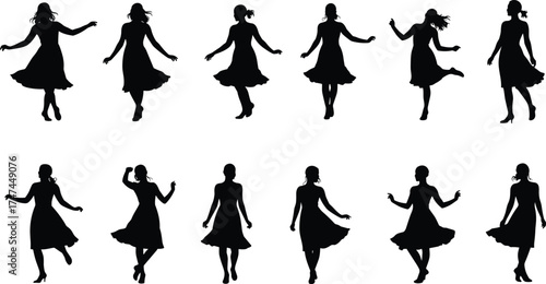 Silhouettes of women dancing gracefully in motion, female dancers in dresses, elegant poses, art illustration, rhythm, movement, lifestyle design