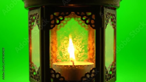 Ornate Candle Lantern with Flame Against Green Screen Background Versatile Lighting Element