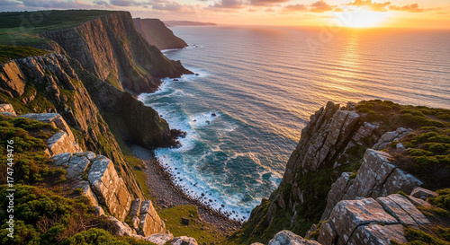 Dramatic coastal cliffs at sunset, with waves crashing against the shore, showcasing the raw power and beauty of the ocean and the rugged coastline
