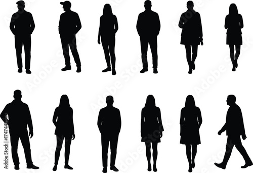 Collection of male and female silhouettes in walking and standing poses, useful for design, infographic, presentation, and animation projects.