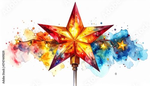 Watercolor Christmas Star Topper with Colorful Splashes Isolated on White