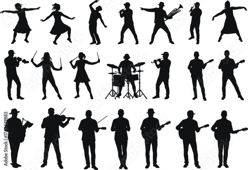 Silhouettes of musicians and dancers performing, playing various instruments, dancing with energy, perfect for music, performance, and entertainment concepts.