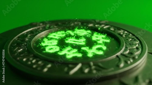 Mystical Glowing Ancient Chinese Symbol on Dark Orb with Green Energy Esoteric Concept