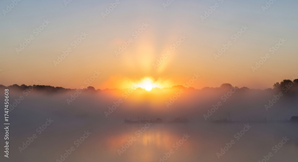 Fototapeta premium A breathtaking sunrise over a tranquil lake, with the suns golden rays piercing through the morning mist and creating a serene and ethereal atmosphere