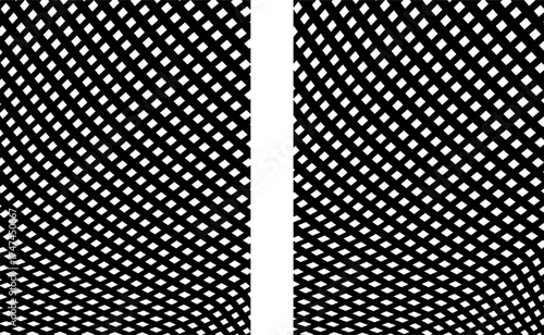 Collection of distorted black and white checkered backgrounds. Three-dimensional line art object. Wavy chess board.