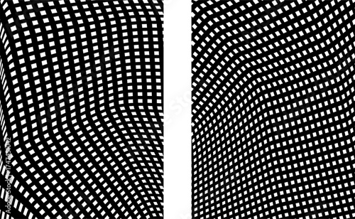 Collection of distorted black and white checkered backgrounds. Three-dimensional line art object. Wavy chess board.