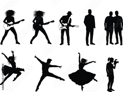 Music and dance silhouettes set, guitar players, rock band, ballerinas, contemporary dancers, photographer with camera, creative artistic performance icons