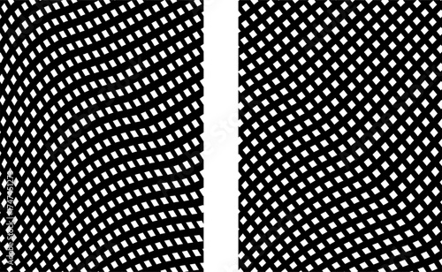 Collection of distorted black and white checkered backgrounds. Three-dimensional line art object. Wavy chess board.