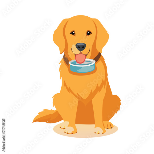 Golden retriever dog holding a metal food bowl in its mouth, waiting for a meal. Pet portrait on white for animal care concept.