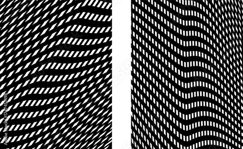 Collection of distorted black and white checkered backgrounds. Three-dimensional line art object. Wavy chess board.