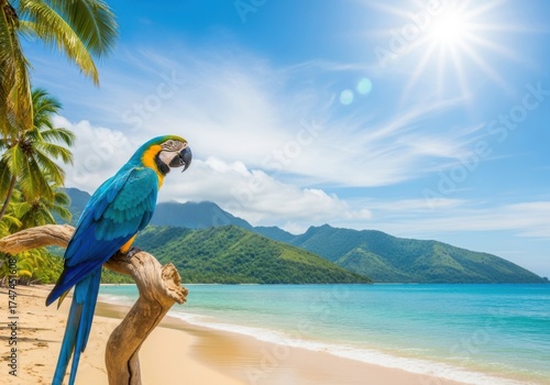 Blue and gold macaw perched on a branch on a tropical beach isolated on white background
