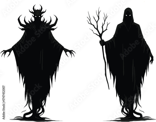 Dark hooded reaper silhouette, shadow figure, evil spirit character, horror fantasy artwork, black cloak ghost, grim wizard with staff illustration