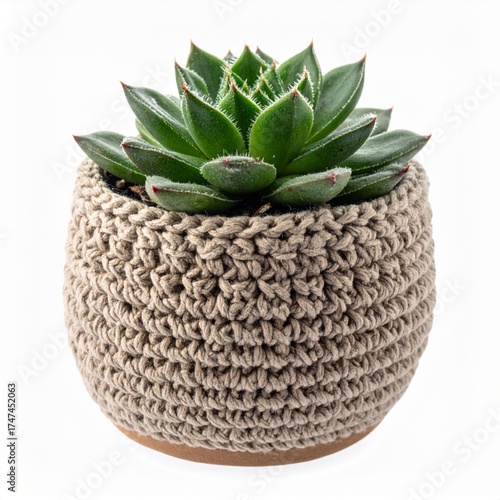 Green Succulent Plant in Crochet Pot with White Background and Studio Lighting
