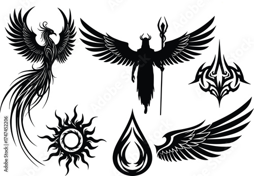 Fantasy tribal tattoo design, phoenix bird, angel wings, warrior silhouette, sun fire symbol, water drop, gothic mythical artwork illustration