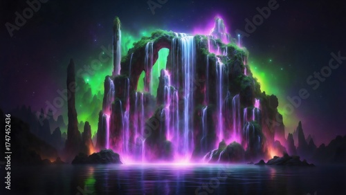 A luminous waterfall cascades, illuminating a surreal island landscape, a dreamscape awash in vibrant colors like violet and electric green, an ode to natural grandeur.