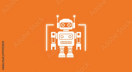 Flat robot illustration on orange; background for tech concept, website graphic, or presentation