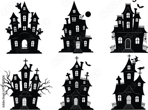 Haunted house silhouettes set, spooky Halloween mansion illustrations with bats, witches, ghosts, and creepy trees for decorations and designs