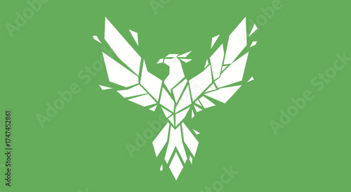 Modern shattered white phoenix taking flight on green background, for logo, icon, or illustration in graphic design