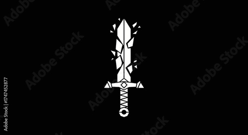 Broken sword graphic with black background for concepts of loss, defeat, endings, or fragility in art or design projects