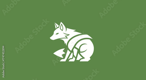 White fox sits on a green background. Ideal for a logo