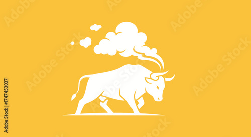 White bull charging on a yellow plain with smoke rising up behind, design element for posters, banners, or digital marketing