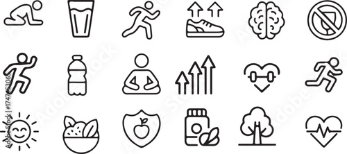 Healthy Lifestyle and Wellness Icon Set – Fitness, Nutrition, and Mindfulness Line Collection