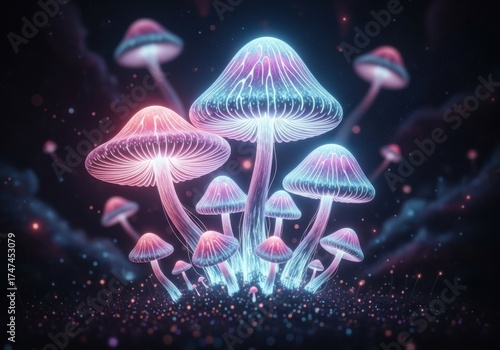 Glowing neon mushrooms in a mystical forest isolated on white background