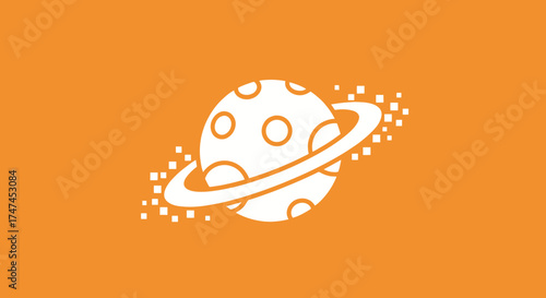 Stylized planet with ring and square particles on orange backdrop for astronomical science or technology concepts