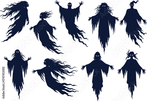 Spooky ghost silhouettes set, flying and floating horror spirits with creepy faces, scary monsters and phantom figures for Halloween design