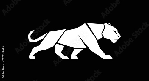 White, angular lion prowls in a solid black background; suitable for minimalistic graphic designs, logos, and digital artwork