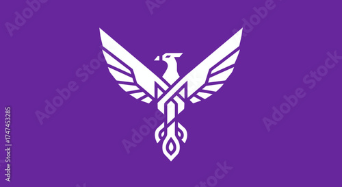 White stylized phoenix rising on a purple background for branding or symbol designs