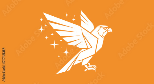 Stylized falcon soars, with star burst trail on orange. For business, creative, or design projects