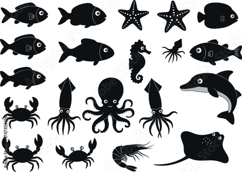 Silhouette of sea animals collection, fish, dolphin, octopus, crab, squid, shrimp, seahorse, starfish, marine life illustration isolated