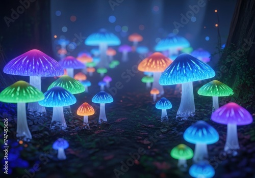 Magical glowing mushrooms in a dark forest isolated on white background