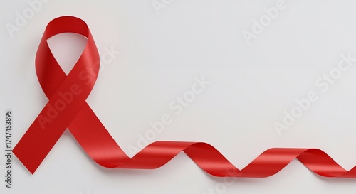 Red awareness ribbon for stroke prevention on white background, hyper realistic professional photography, copy space
