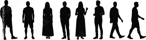 Silhouette of men and women in casual outfits standing and walking, male and female figures, vector illustration for design