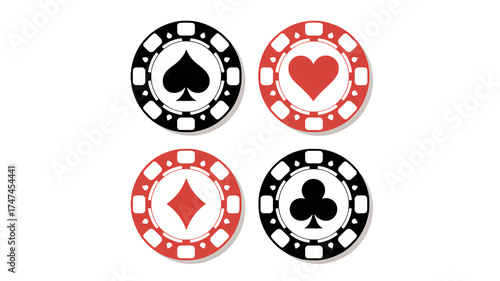Four casino chips with card suits symbolize luck and chance