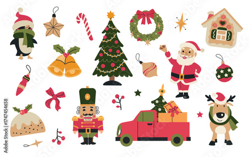 Set collection of winter Christmas New Year elements. Nutcracker, christmas tree, jingle bells, Santa Claus, pudding, wreath, gingerbread house, penguin