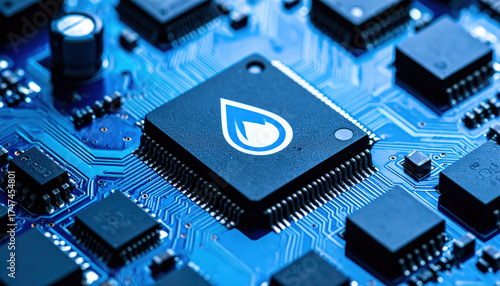Wallpaper Mural Powerful microchip with water drop symbol represents innovative technology to combat global water scarcity. This blue electronic circuit board shows future of smart resource management Torontodigital.ca