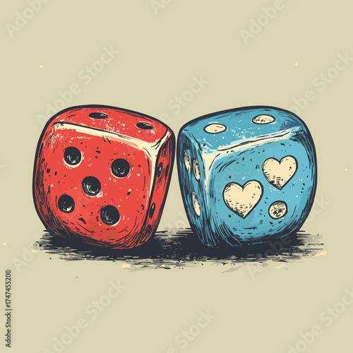Two dices with hearts . Concept Valentine's day. Vector in hand drawn , vector style simple color