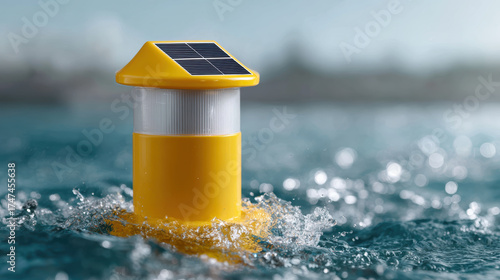 Solar powered technology smart buoy floating in ocean for environmental conservation and data collection. hopeful vision for monitoring marine ecosystems and research