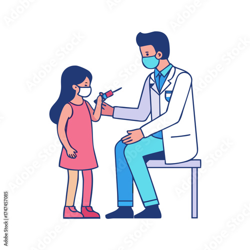 Preventive vaccination for children at hospital. Doctor vaccinating girl child. Pediatrician making injection. Medical treatment, disease prevention, healthcare and immunize. Vector ... See More