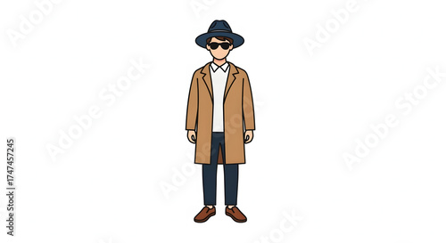 Cartoon illustration of a person in a coat, hat, and sunglasses, ready for any adventure or mission
