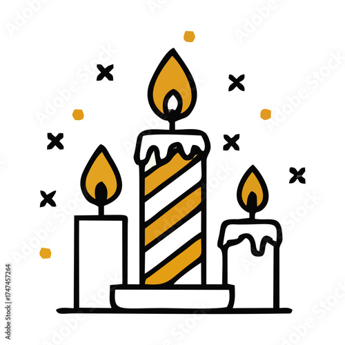 Three burning candles of varying sizes, with striped design, and decorative sparkles.