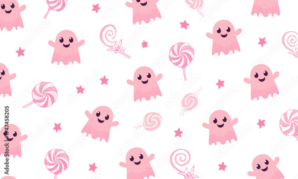 Fototapeta premium Cute Pink Ghosts and Lollipops Seamless Pattern Background