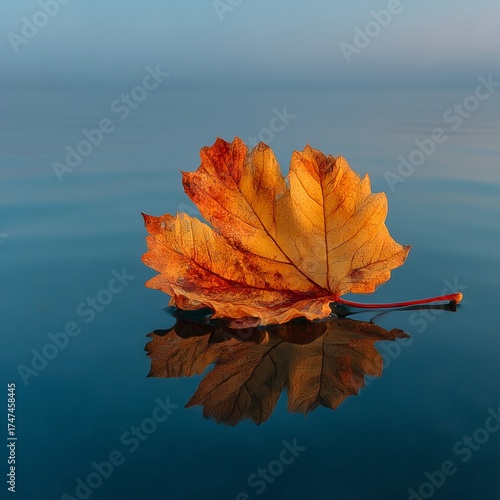 Single Autumn Leaf Floating on Calm Water Surface in Natural Setting